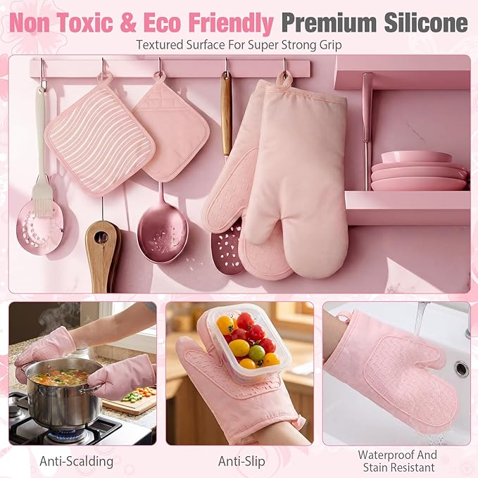 Sumind Pink Oven Mitts and Pot Holders 7 Sets, Heat Resistant Kitchen Gloves - Image 4