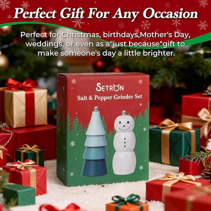 Christmas Salt and Pepper Grinder Set, Snowman & Tree Refillable Salt and - Image 8