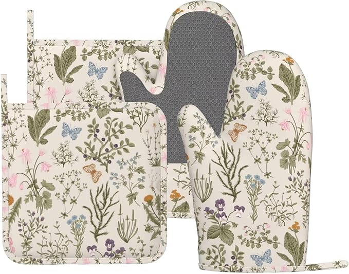 Vintage Wildflower Herbs Floral Rustic Butterfly Oven Mitts and Pot Holders by MIFSOIAVV