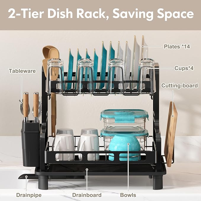 BOOSINY Dish Drying Rack, 2 Tier Large Stainless Steel Black Dish Rack - Image 2