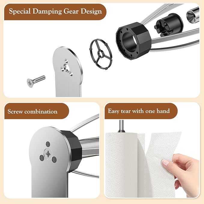 Paper Towel Holder Under Cabinet + Towel Robe Hooks, Single Hand Operable Under - Image 8