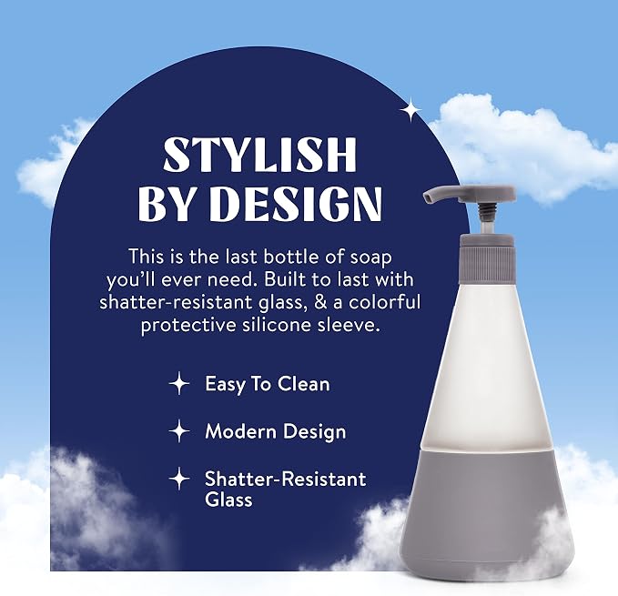 Cleancult Dish Soap Dispenser (15oz, 2 Pack) - Refillable Glass Soap Dispenser with Pump - Shatter Resistant Dish Soap Dispenser for Kitchen Sink - Non Slip Silicone Sleeve - Charcoal