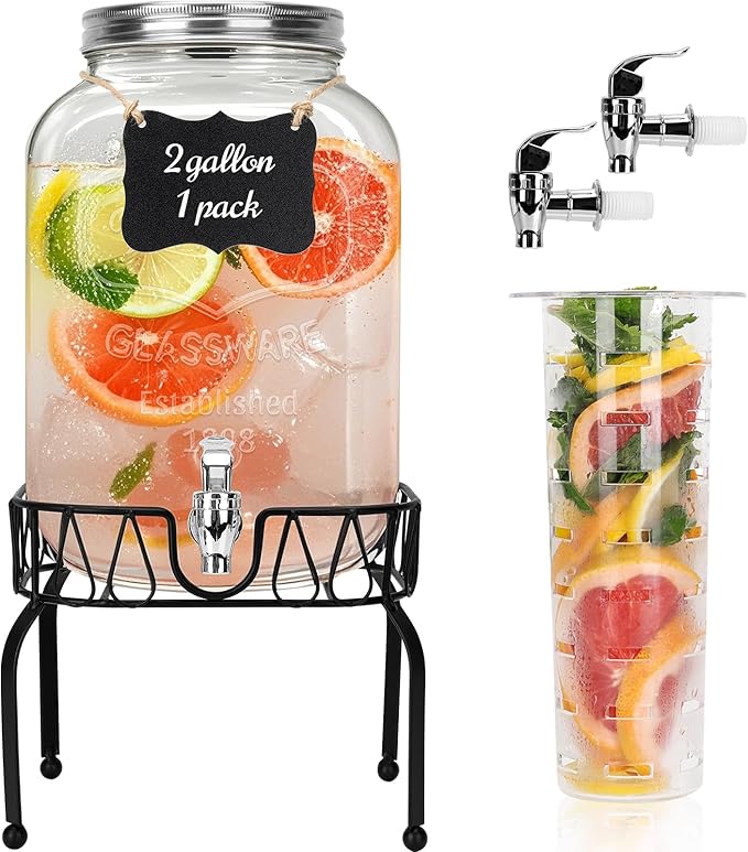 DHSBTLS 2 Gallon Glass Drink Dispensers, 1 Pack Clear Beverage Dispenser by DHSBTLS