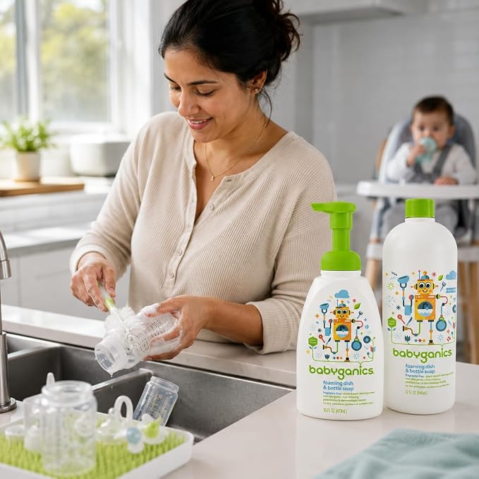 Baby ganics 16 Ounce Dish Dazzler Foaming Dish and Bottle Soap with Refill Kit BUNDLED with Two (2) Bottle Brushes BONUS | Baby bottle and dish soap bundle with refill and 2 bottle brushes. Plant-based, fragrance-free foaming soap.