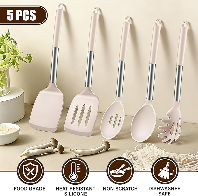 5Pcs Silicone Cooking Utensils Set, Heat Resistant Kitchen Tools Include - Image 4
