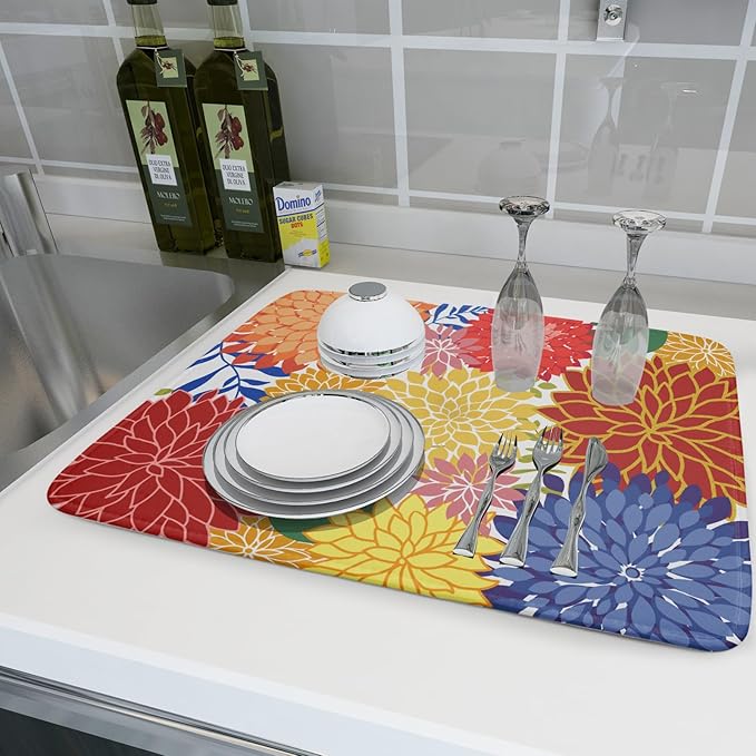 Modern Floral Dish Drying Mat Large Multicolored Tropical Drying Pad - Image 6