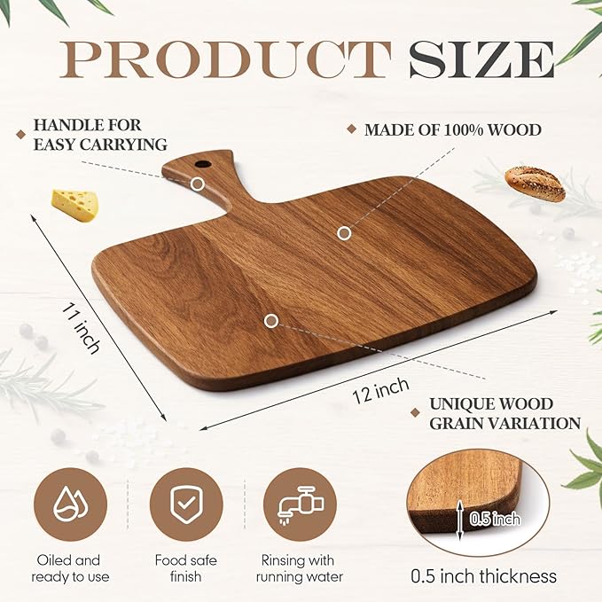 Nuenen Wood Cutting Board with Handle 12x11x0.47 Inch Acacia Bamboo Wooden - Image 2
