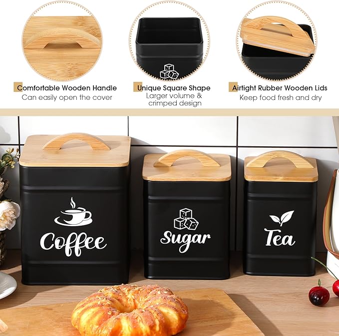 Maxdot 3 Set Coffee Sugar Tea Containers, Square Airtight Kitchen Canisters - Image 3