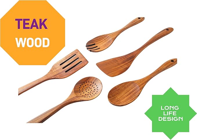 Teak Wooden Spoons for Cooking:6 Piece Wood Kitchen Utensils Set, Comfort Grip - Image 7