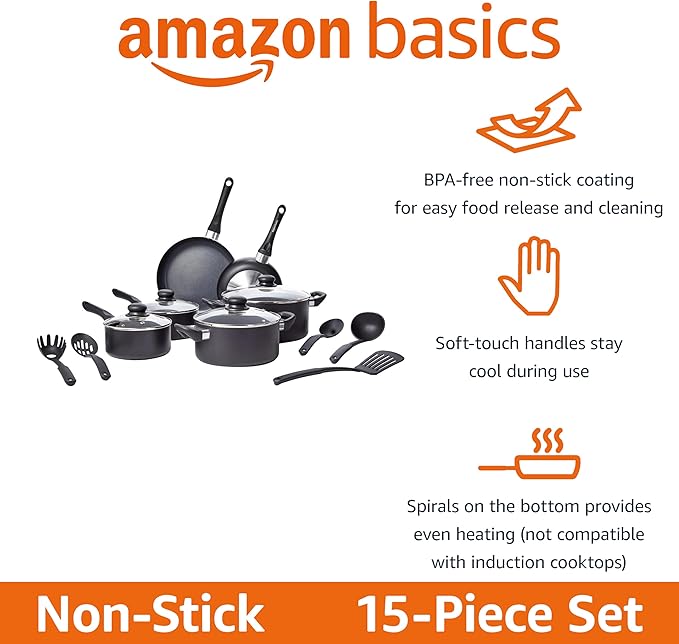 Amazon Basics Ceramic Non-Stick Cookware 15-Piece Set, Pans and Utensils - Image 2