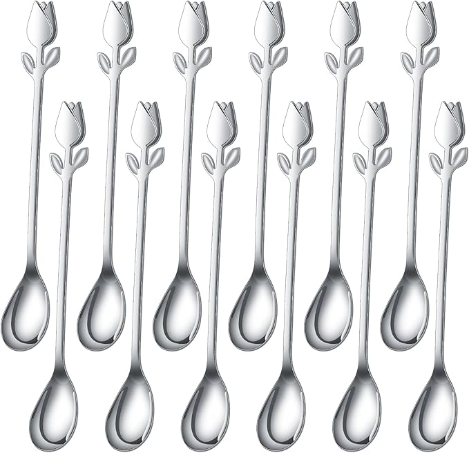 Silver Tulip/Rose Handle 12-Pcs Mini Coffee Spoons Set by SGvrPvz