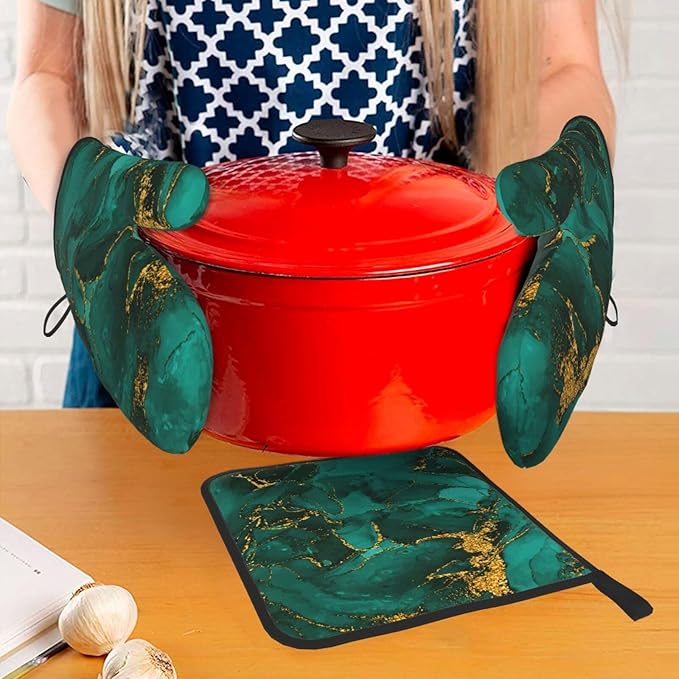 Turquoise Marble Oven Mitts and Pot Holders Sets of 3 Emerald Dark Green Hot - Image 7