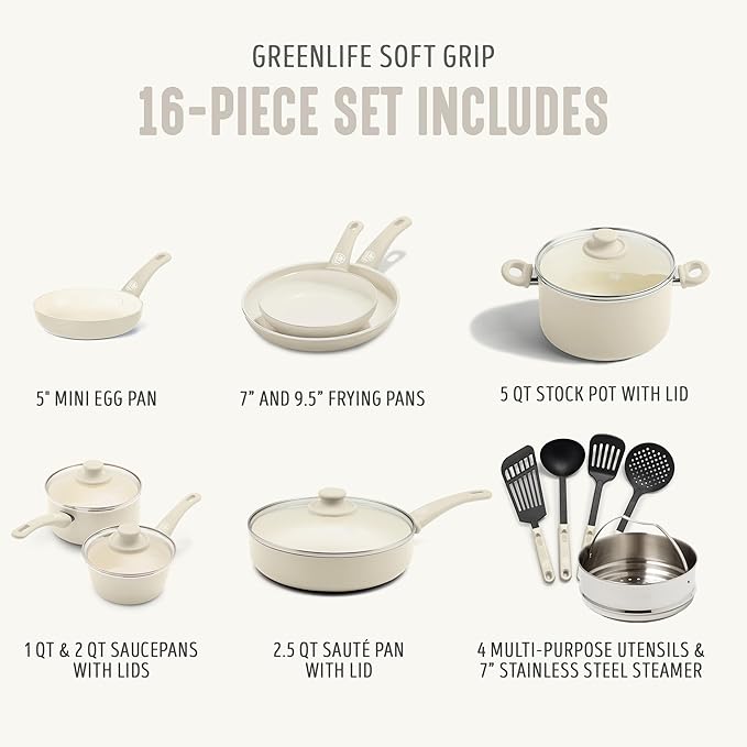 GreenLife Soft Grip 16 Piece Cookware Set, Non-Toxic PFAS-Free Ceramic Nonstick - Image 4