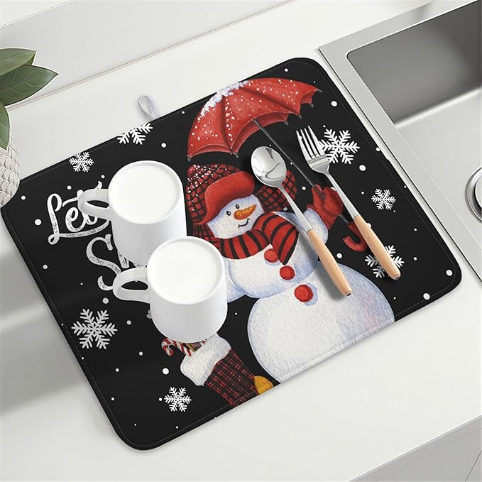 Black Snowman Dish Drying Mats for Kitchen Counter, Winter Snowflake Dish Mat - Image 8