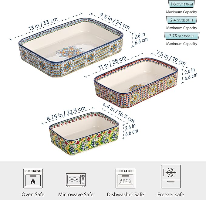 Casserole Dishes for Oven, Ceramic Baking Dishes Set of 3, Rectangular Lasagna - Image 2