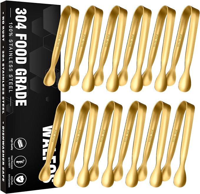Walfos Small Gold Tongs For Serving, Food Grade Stainless Steel 4" Mini Tongs by Walfos