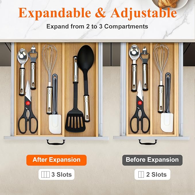 Large Bamboo Silverware Drawer Organizer Tray Kitchen Tool Drawer Divider - Image 4