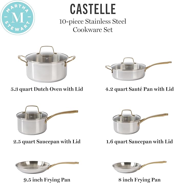 Martha Stewart Castelle 10 Piece 18/8 Durable Stainless Steel Induction Safe - Image 3