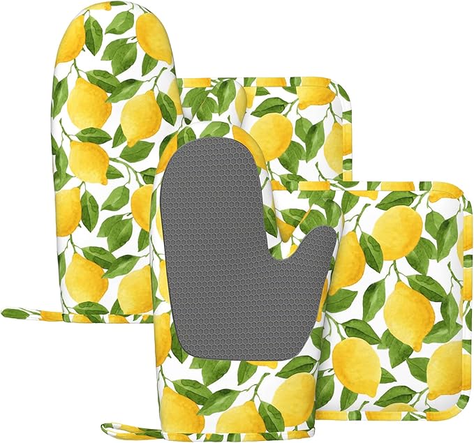 Lemon Oven Mitts and Pot Holders Sets of 4, Resistant Hot Pads by Nelife