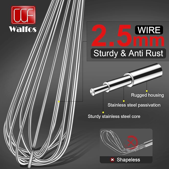 Walfos Whisks Large Whisk Set of 2, Heavy Duty Stainless Steel Wire Whisk Ideal - Image 3