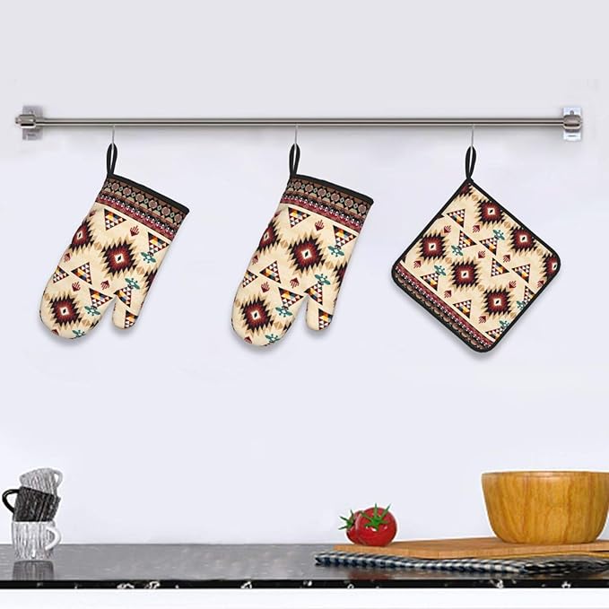 Southwestern Aztec Oven Mitts and Pot Holders Set of 3, Heat Resistant Non-Slip - Image 2
