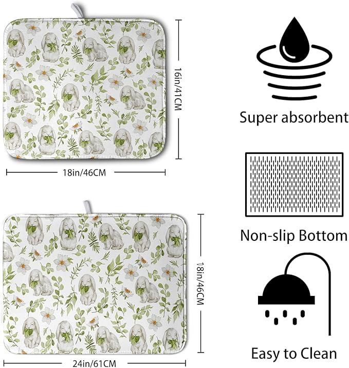 Easter Bunny Floral Drying Mat for Kitchen Counter Spring Easter Rabbits Green - Image 2
