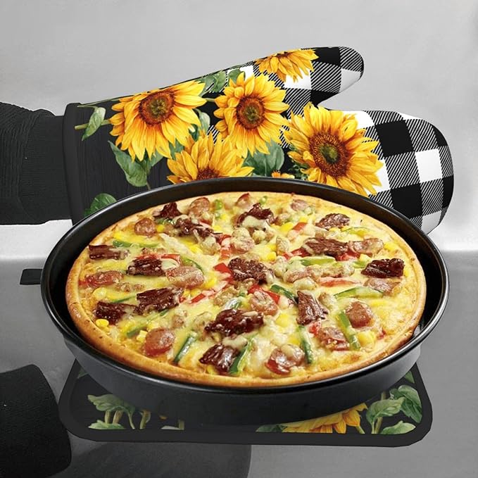 Sunflower Oven Mitts and Pot Holders Sets of 2 Buffalo Plaid Kitchen Mitts - Image 7
