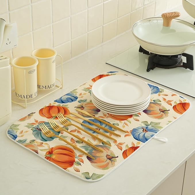 Fall Dish Drying Mat 18x24 Inch Burnt Orange Blue Green Pumpkin Leaves Drying - Image 4