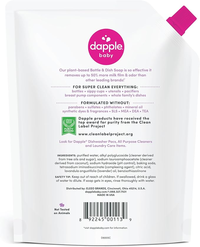 Dapple Baby Lavender Bottle & Dish Soap Refill Pouch - (2 Pack) 33.8 fl oz - Plant-Powered Cleaner for Baby Bottles, Pump Parts, and Sippy Cups
