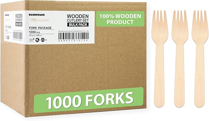 Wooden Forks 1000 Pieces Bulk Pack | Heavy-Duty Natural Birch Wood Disposable by Bamboware