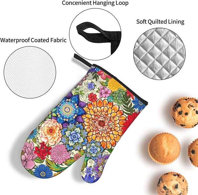 Boho Floral Oven Mitts and Pot Holders Sets of 3, Colorful Flowers Heat - Image 6