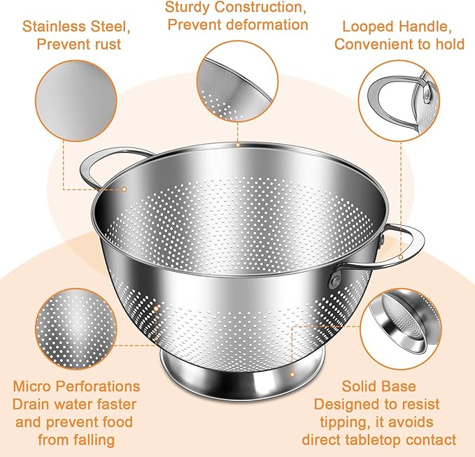 Stainless Steel Colander for Kitchen | 5 Quart Durable Rice and Pasta Strainer - Image 4