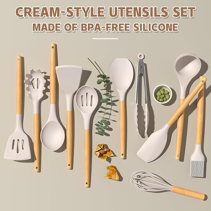 Umite Chef Kitchen Cooking Utensils Set, Wooden Handle Silicone Kitchen Gadgets - Image 4