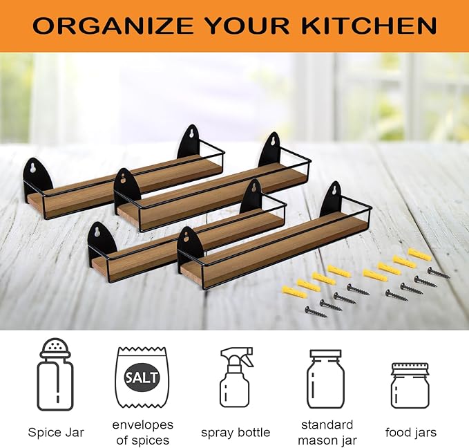TJ.MOREE 4 Pack Spice Rack Wall Mounted Rustic Style Hanging Spice Organizer - Image 4