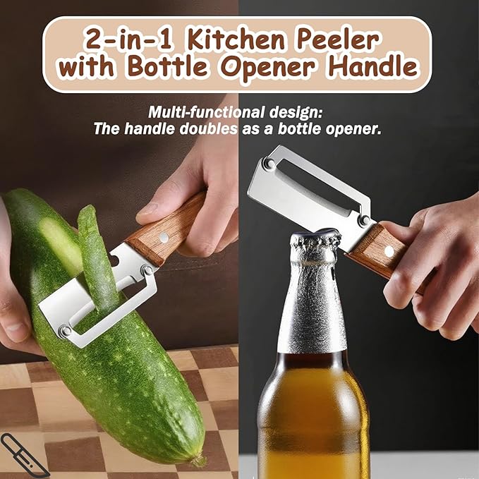 Premium Vegetable Peeler with Wooden Handle and Bottle Opener, Stainless Steel - Image 2
