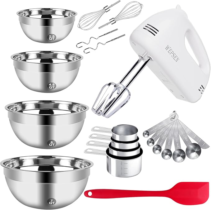 5-Speed Electric Hand Mixer, 4 Large Mixing Bowls Set, Handheld Mixers by WEPSEN