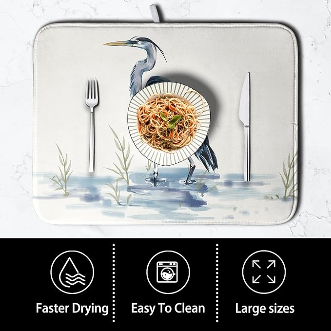 Summer Dish Drying Mat Blue White Heron Beach Absorbent Microfiber Drying Mats - Image 4