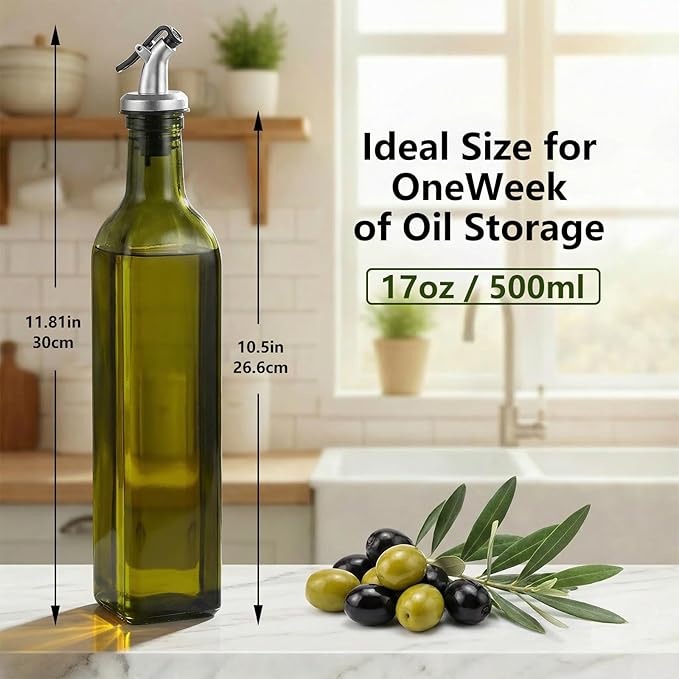 WERTIOO Green Olive Oil Dispenser Bottle, 17oz Glass Oil and Vinegar Dispenser - Image 2