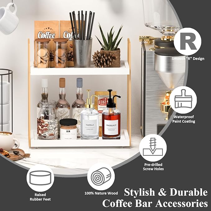 Coffee Bar Organizer for Countertop, 2 Tier Wooden Shelf for Coffeebar - Image 5