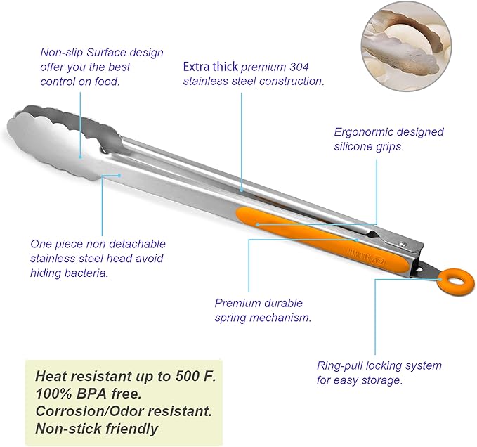 Premium 304 Stainless Steel Tongs Set – 12" Grill Tongs & 9" Cooking Tongs - Image 5