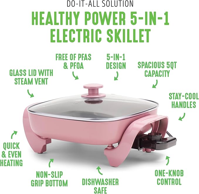 GreenLife12" 5QT Square Electric Skillet, Glass Vented Lid, Ceramic PFAS-Free - Image 3