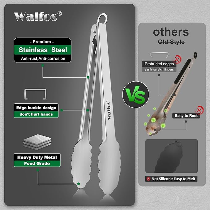 Walfos tongs for cooking, All Metal Kitchen Tongs 600℉ Heat Resistant, Heavy - Image 8