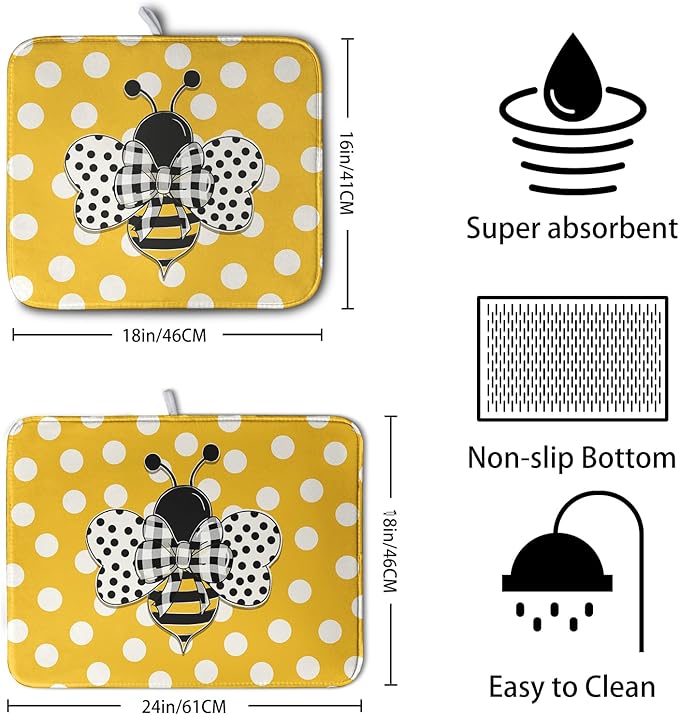 Bee Dish Drying Mat for Kitchen Counter 18x24 Inch Yellow Bumblebee Polka Dots - Image 2