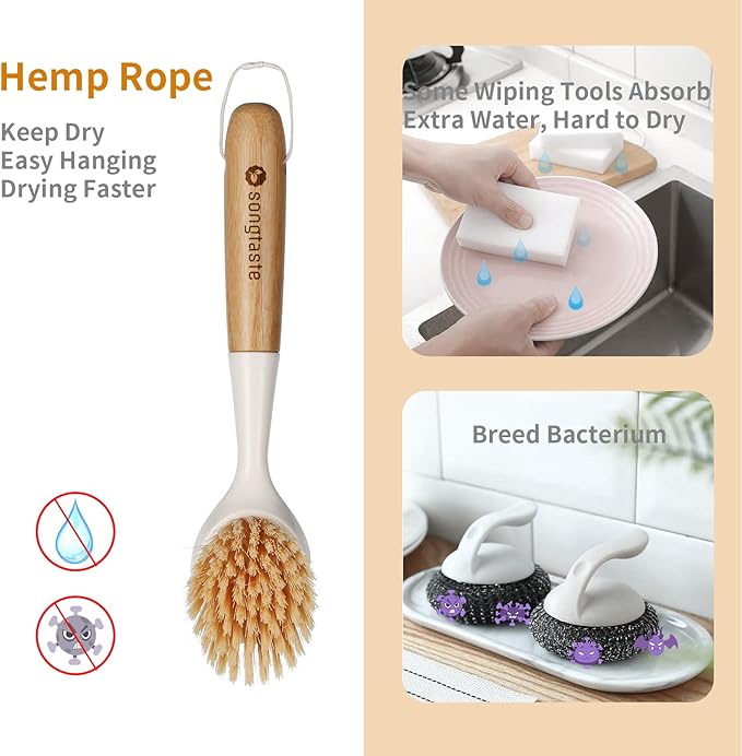 2 Pack Kitchen Dish Brush Bamboo Handle Dish Scrubber Built-in Scraper - Image 2