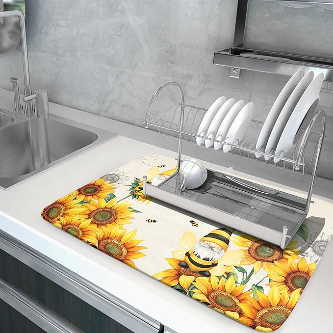 Giwawa Bee Gnomes Dish Drying Mat, Summer Sunflowers Elf Dish Drainer Mats - Image 5