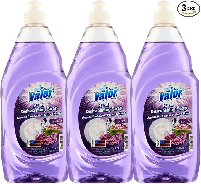 Valor Dishwashing Liquid, 25 fl oz – Dish Soap for Kitchen & Bathroom, Grease-Fighting, Gentle on Hands, Fast Rinse, Eco-Friendly Biodegradable Formula (25.5 oz (Pack of 3), Lavender)