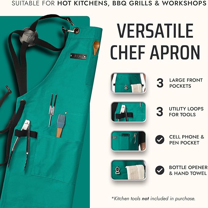 Asaya Chef and BBQ Apron with Bottle Opener and Hand Towel - 10oz Cotton Canvas - Image 2