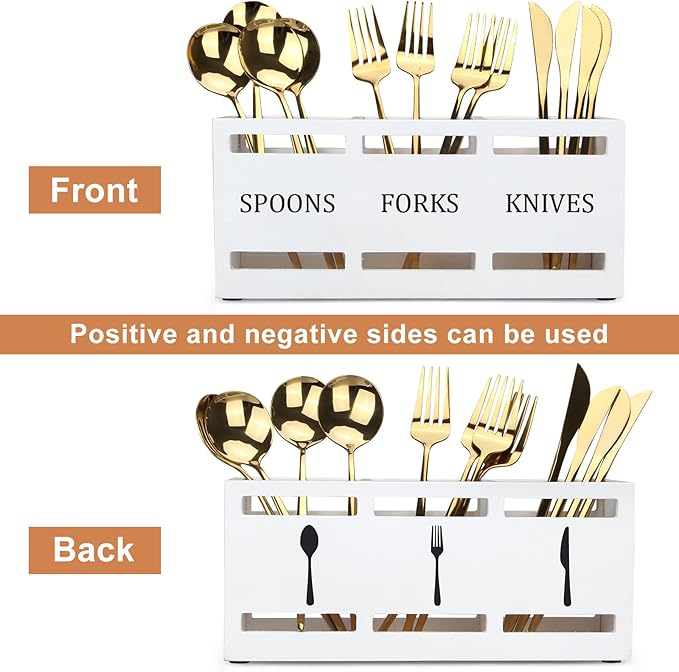 Wooden Silverware Cutlery Holder White Flatware Caddy Small Kitchen Utensil - Image 4