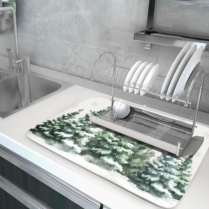 Christmas Dish Drying Mat 16x18 Inch Xmas Forest Tree Absorbent Dish Drainer - Image 5