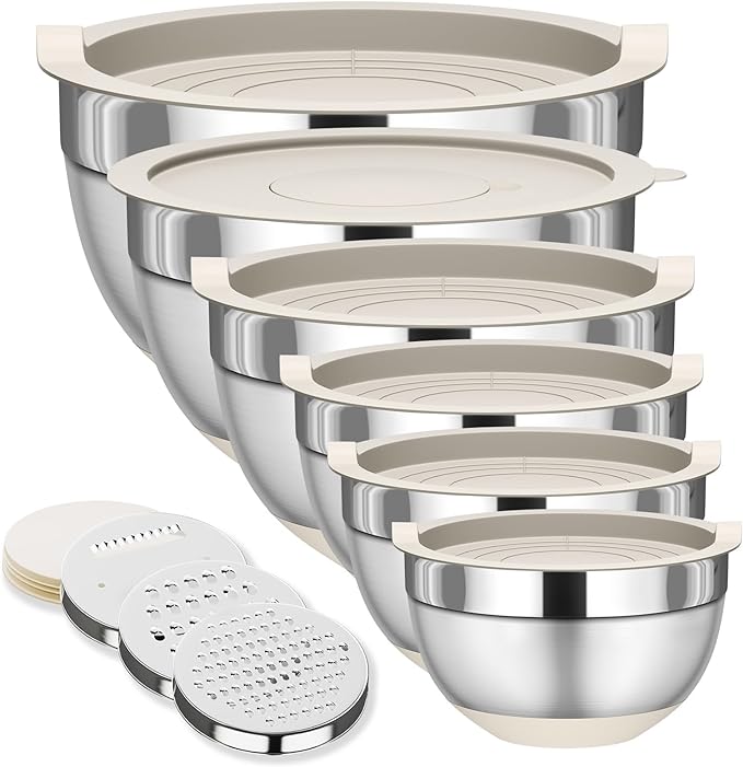 Fyrnova Mixing Bowls with Lids Set, 6 Piece Stainless Steel Nesting Storage by Fyrnova